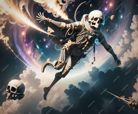 Premium AI Image | A painting of a skeleton flying in the sky with a ...