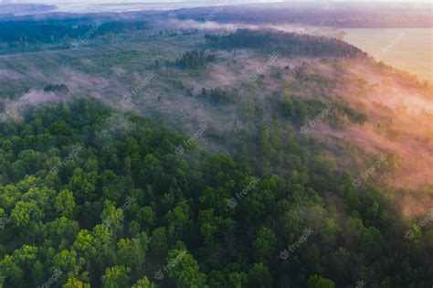 Premium Photo | Beautiful morning landscape with fog view from drone