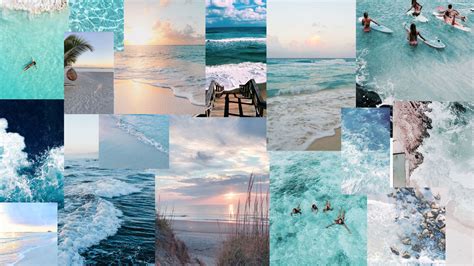 Blue Beach Aesthetic Collage Wallpaper Laptop - k-Music