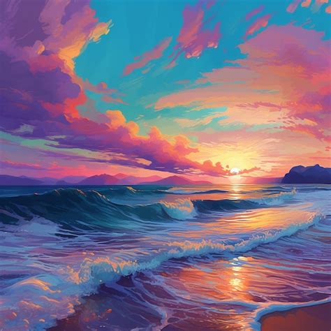 Premium AI Image | a painting of a sunset with the sun setting behind ...