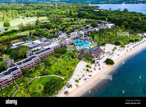 Aerial view, beach in front of the luxury hotel Sofitel Mauritius L ...