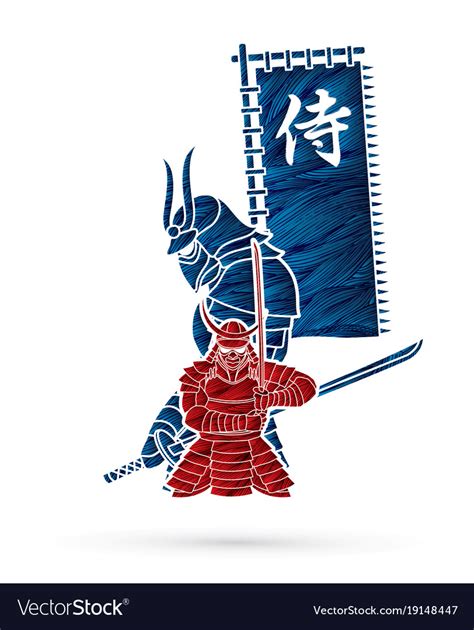 2 samurai composition with flag japanese font Vector Image