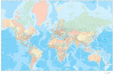 55 x 35 Inch Poster Size World Map - Mercator Projection with Ocean Fl