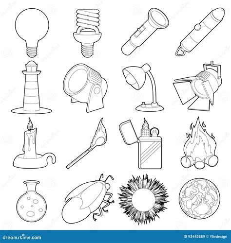 Light Source Icons Set, Outline Style Stock Vector - Illustration of ...