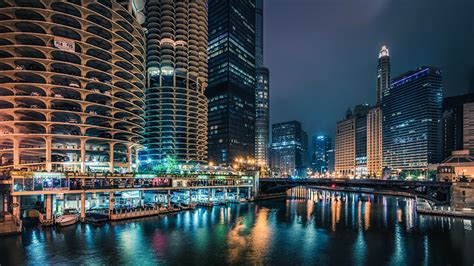 Picture Chicago city USA bridge Berth river night time Skyscrapers