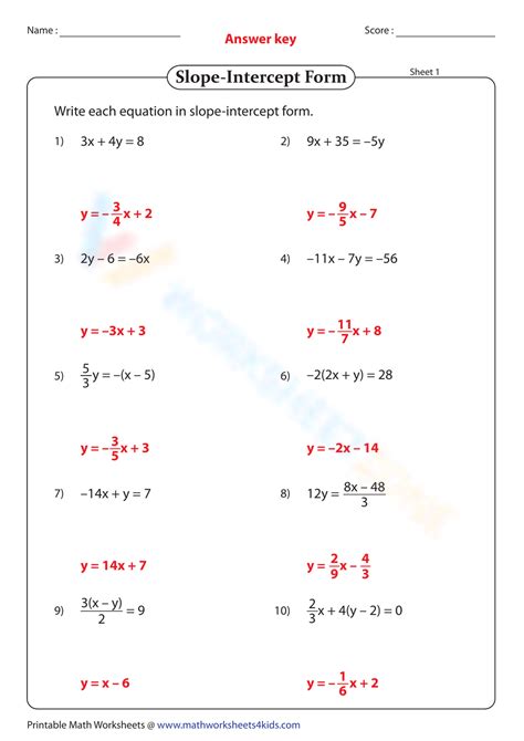 Free Answer Key Slope Intercept Form Worksheet Collection