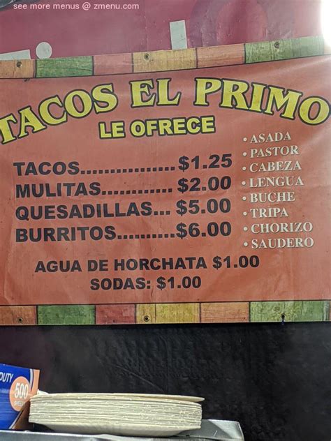 Menu at Tacos el Primo restaurant, Los Angeles, Pasadena Ave