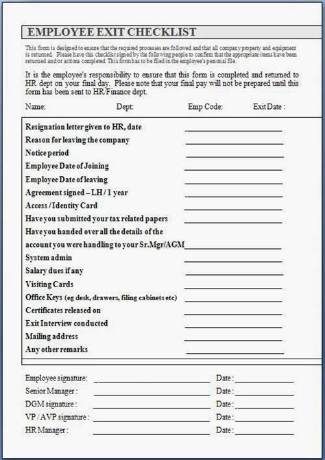 Employee Exit Checklist Form