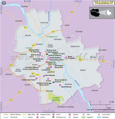 Warsaw Map showing major roads, shopping centers, airports, hospitals ...