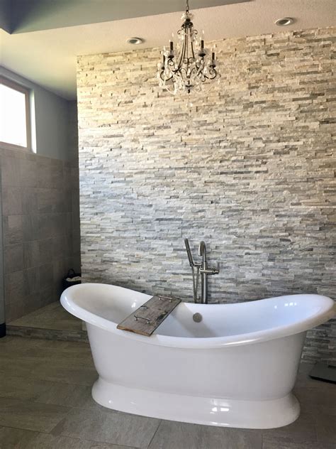 Stacked stone wall, Free standing tub, Bath tub tray, transitional ...