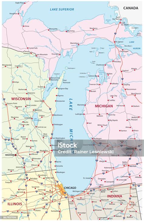 Ilustración de Mapa De Lago Michigan y más Vectores Libres de Derechos ...