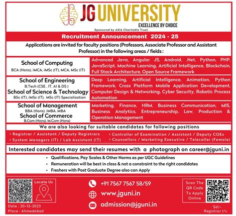 JG University, Gujarat Wanted Teaching and Non-Teaching Faculty ...