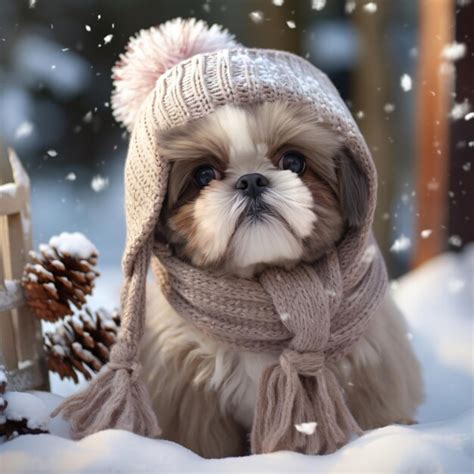 Premium AI Image | a Shih Tzu puppy wearing a cozy snow hat and scarf ...