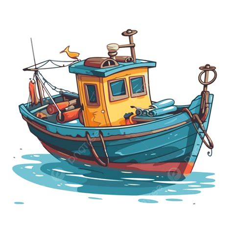 Fishing Boat Vector, Sticker Clipart Fishing Boat Illustration Cartoon ...