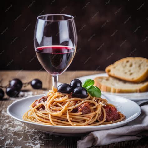 Premium Photo | Spaghetti bolognese with black olives and red wine