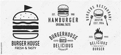 Vector Burger logo set. 5 Vintage Burger restaurants emblems. Hamburger ...