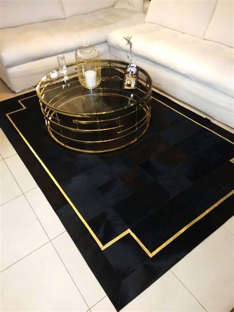 Modern black & gold patchwork cowhide rug with croco frame | FUR HOME ...