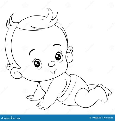 Little Baby in a Diaper Crawls and Enjoys Life, Outline Drawing ...