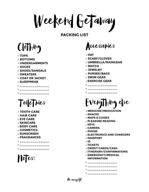 Weekend Getaway Packing List (Free Printable) - thesassylife | Weekend ...