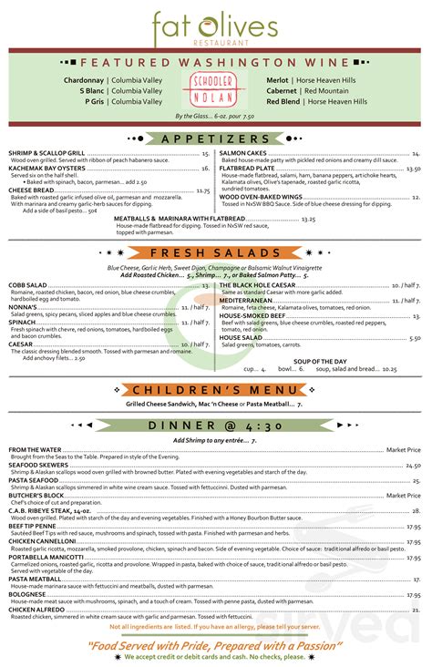 Fat Olives Restaurant menu in Homer, Alaska, USA