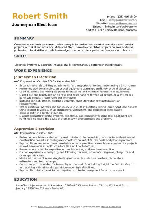 Journeyman Electrician Resume Samples | QwikResume