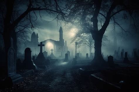 Dark Graveyard at Night, Shrouded in Thick Fog and an Eerie Horror ...