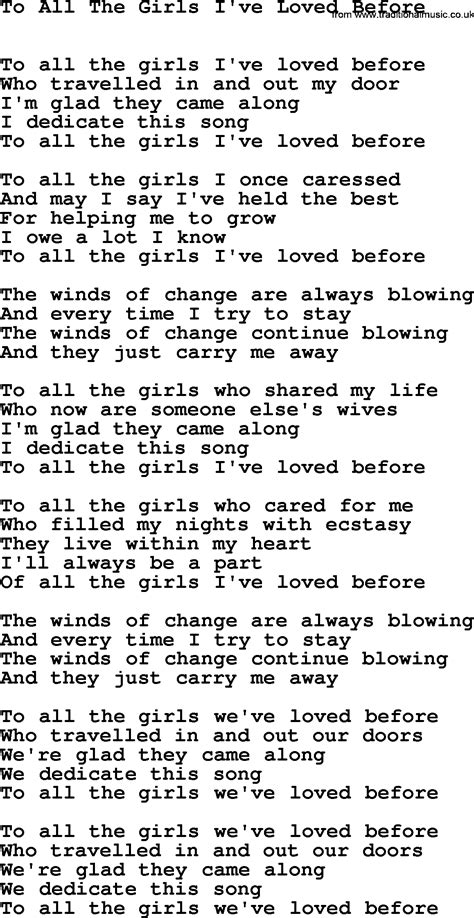 Willie Nelson song: To All The Girls I've Loved Before, lyrics