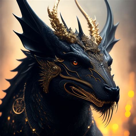 Voidraptor: portrait of a black dragon with golden antlers and ...