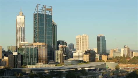 Perth Skyline At Sunset, Australia On A Sunny Day With Blue Sky And ...