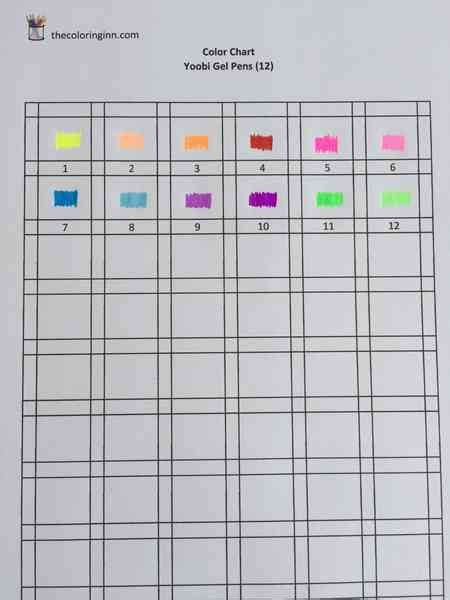 Color Chart for Yoobi Gel Pens (12 Pack) - The Coloring Inn