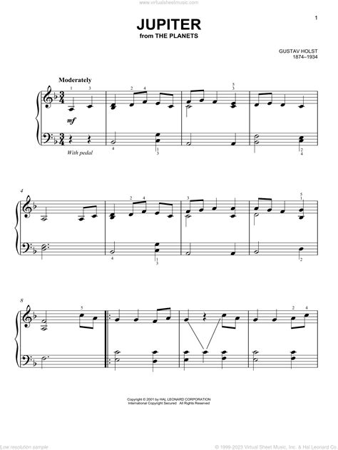 Jupiter, (easy) sheet music for piano solo (PDF-interactive)