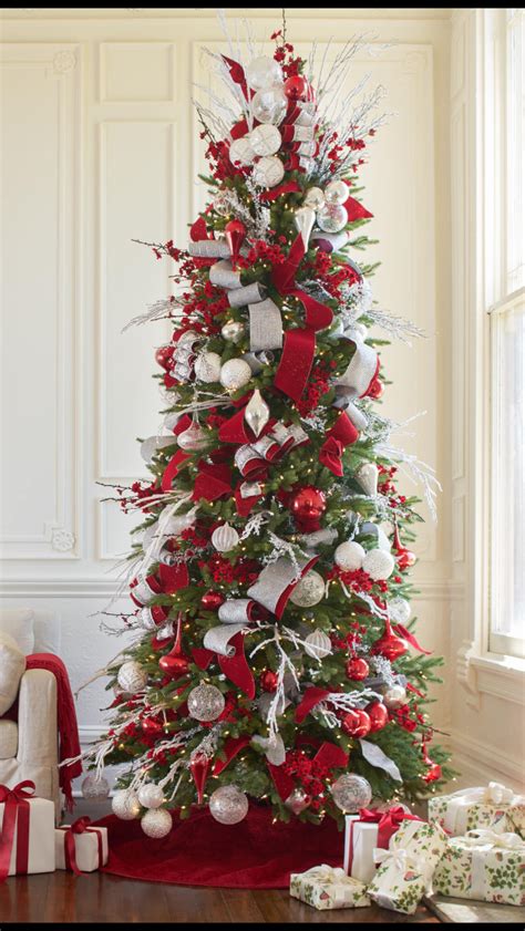 Red and white tree | Slim christmas tree, Pencil christmas tree, Ribbon ...