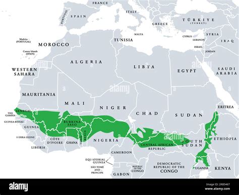 Sudanian savanna, political map. Belt of tropical savanna across the ...