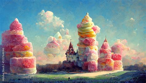 Candy land surreal landscape, castle made of candies. Digital art ...