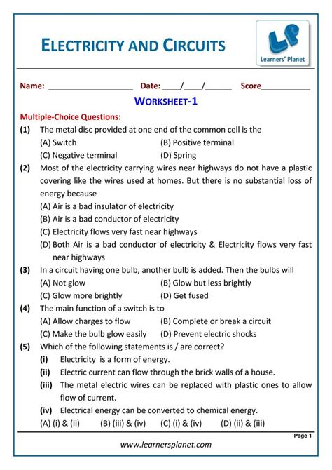 Electric Circuits Grade 6 Worksheets