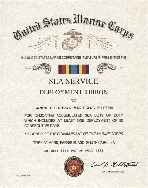 USMC Sea Service Deployment Ribbon Certificate