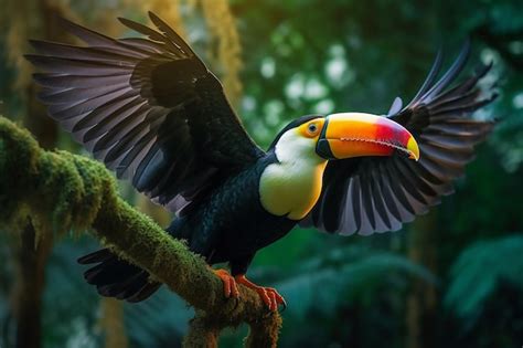 Premium Photo | A toucan with its wings spread in the jungle