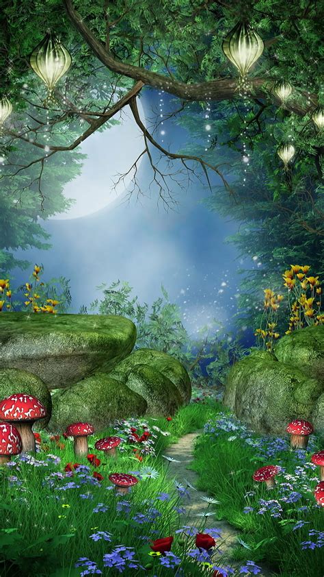 Fantasy garden, 3d, branches, flowers, grass, lights, mushrooms, nature ...