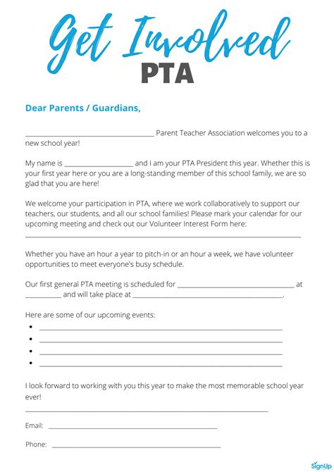 Letter To Parents For Pta Meeting