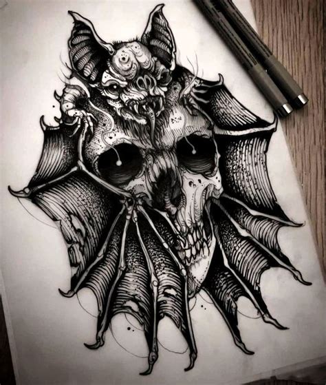 a drawing of a skull with bats on it