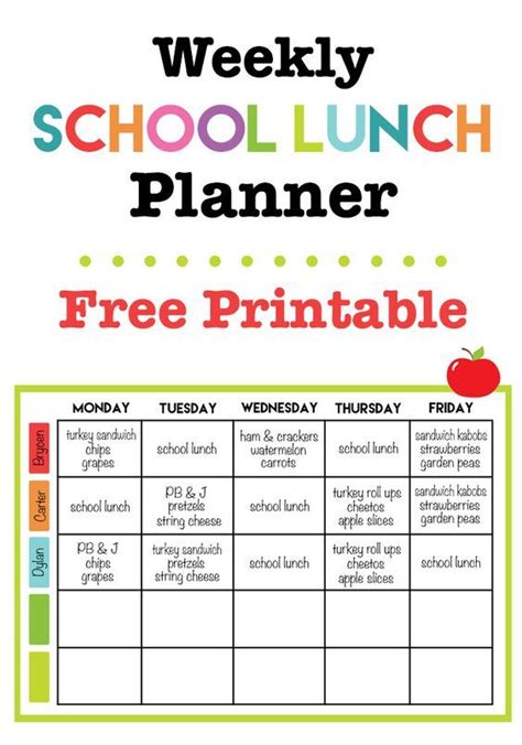 Weekly School Lunch Planner Printable - Cupcake Diaries | School lunch ...