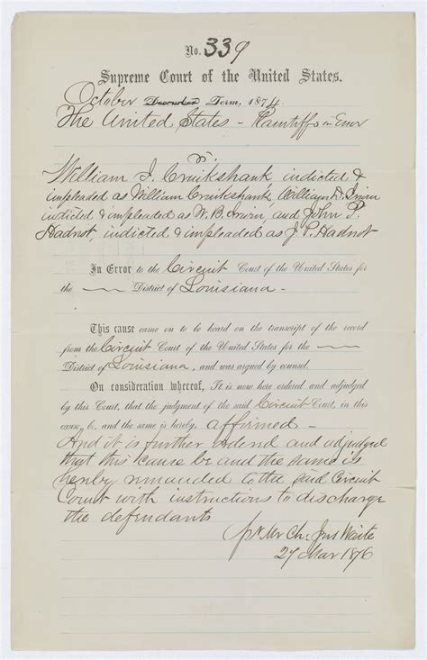 Judgment in U.S. v. Cruikshank, 1876 | Records of Rights