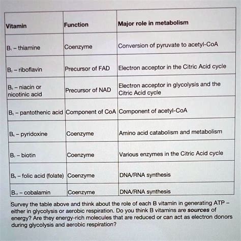 SOLVED: Vitamin Function Major role in metabolism thiamine Coenzyme ...