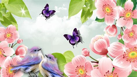 Wallpaper Download 1366x768 Two sweet birds and two butterflies between ...