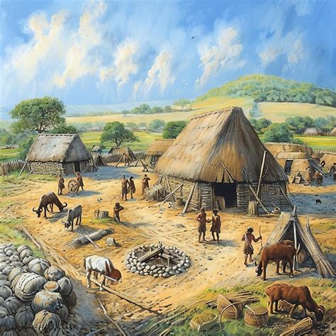 Premium AI Image | Bustling Neolithic Village Scene Illustration