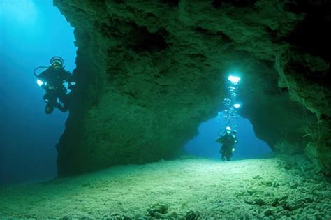 Premium Photo | Divers exploring ocean floor and underwater cave