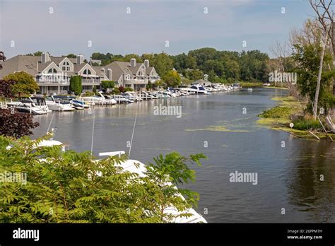 New Buffalo, Michigan - Waterfront homes with boats along the Galien ...