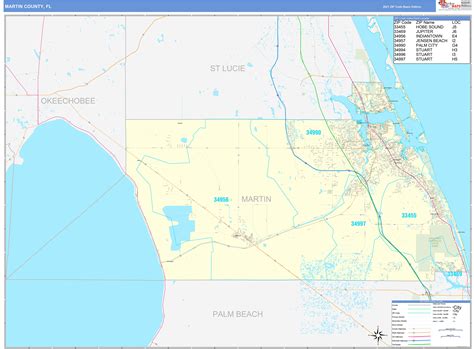 Martin County, FL Zip Code Wall Map Basic Style by MarketMAPS - MapSales