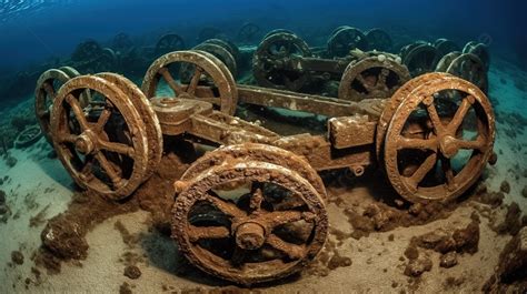 Five Ancient Rotting Wheels Lie Under The Sea Floor Background ...