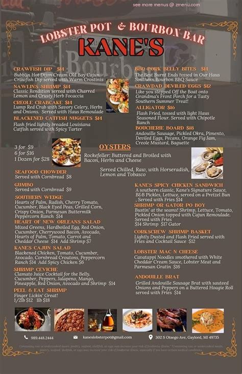 Menu at Kane's Lobster Pot & Bourbon Bar, Gaylord